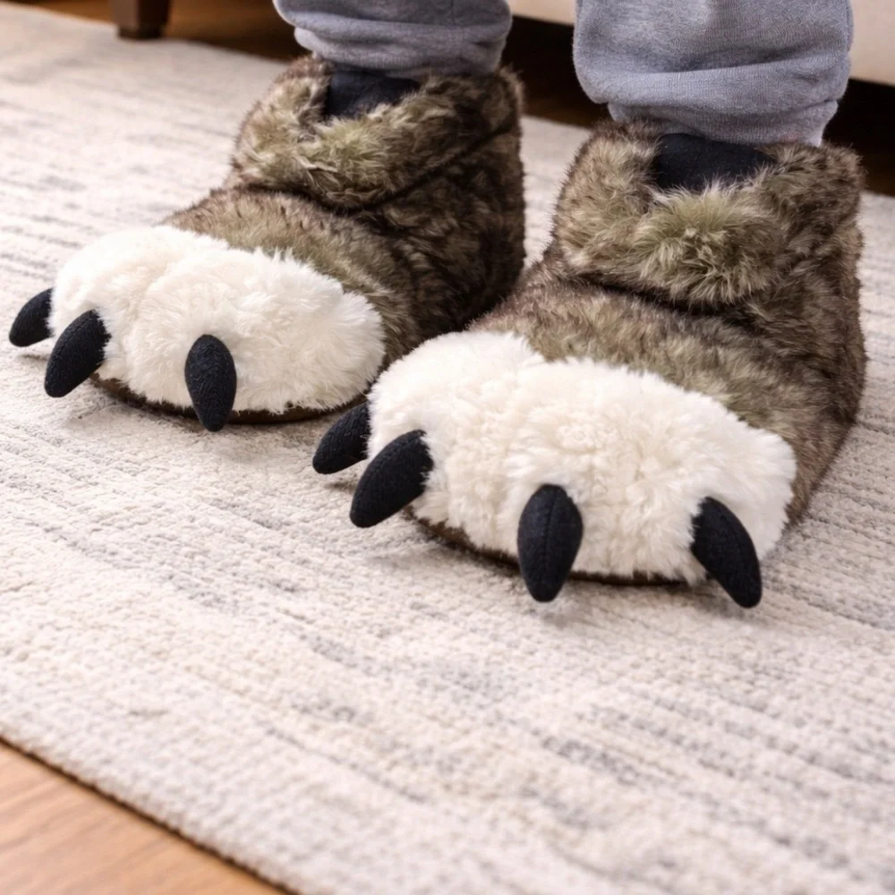 Faux Fur Monster Claw Slippers - Olive Green & Cream
